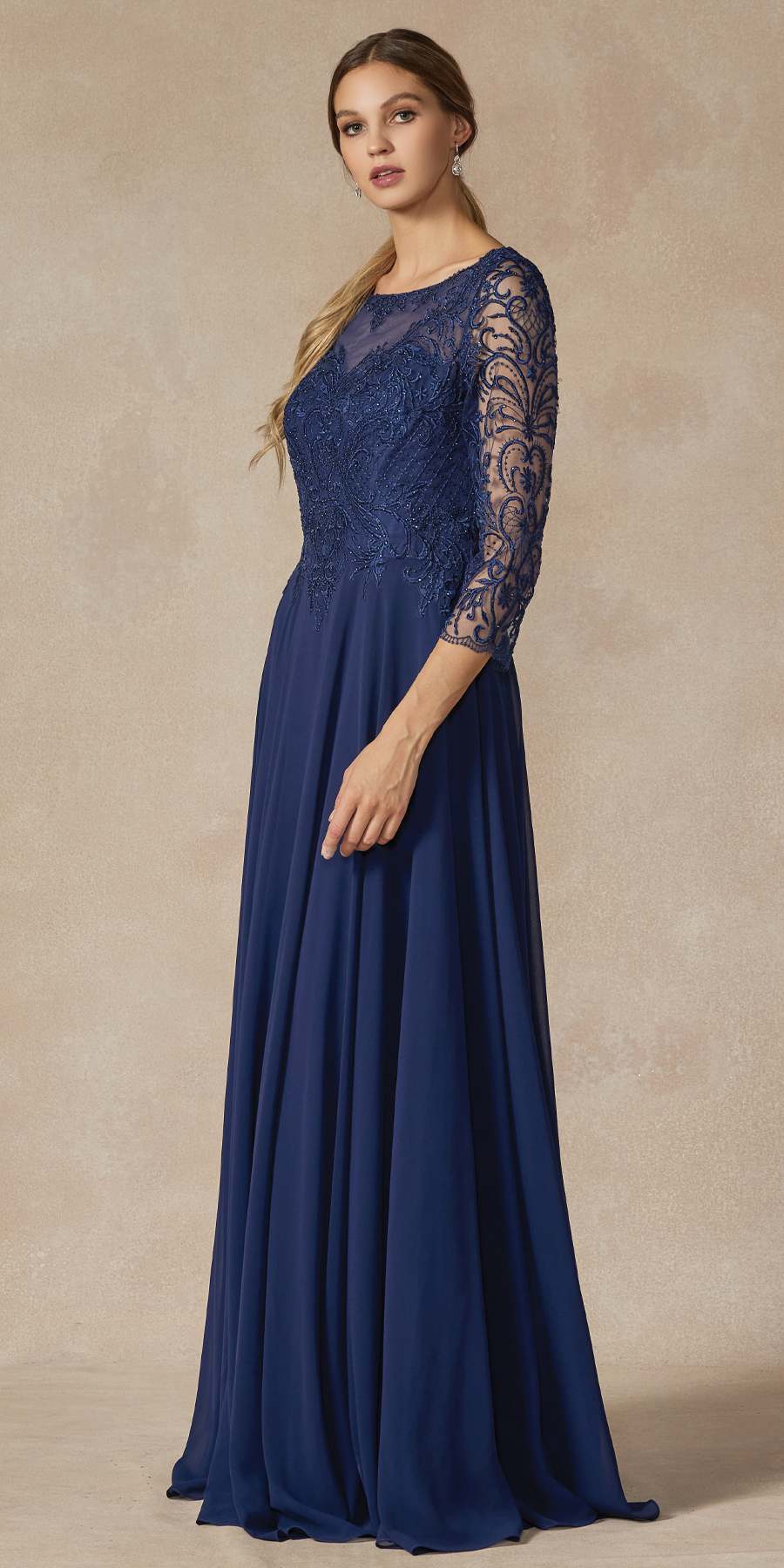 Navy long A-line chiffon dress with lace quarter sleeves and fitted appliqued bodice