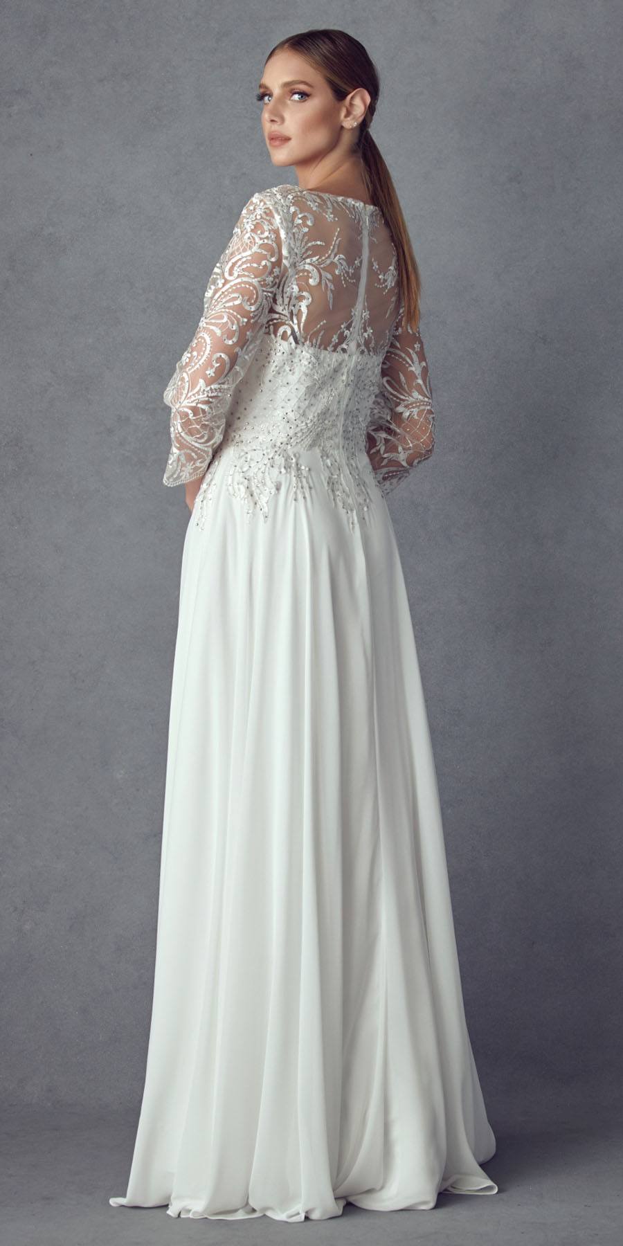 Off-white long A-line chiffon dress with lace quarter sleeves and appliqued bodice