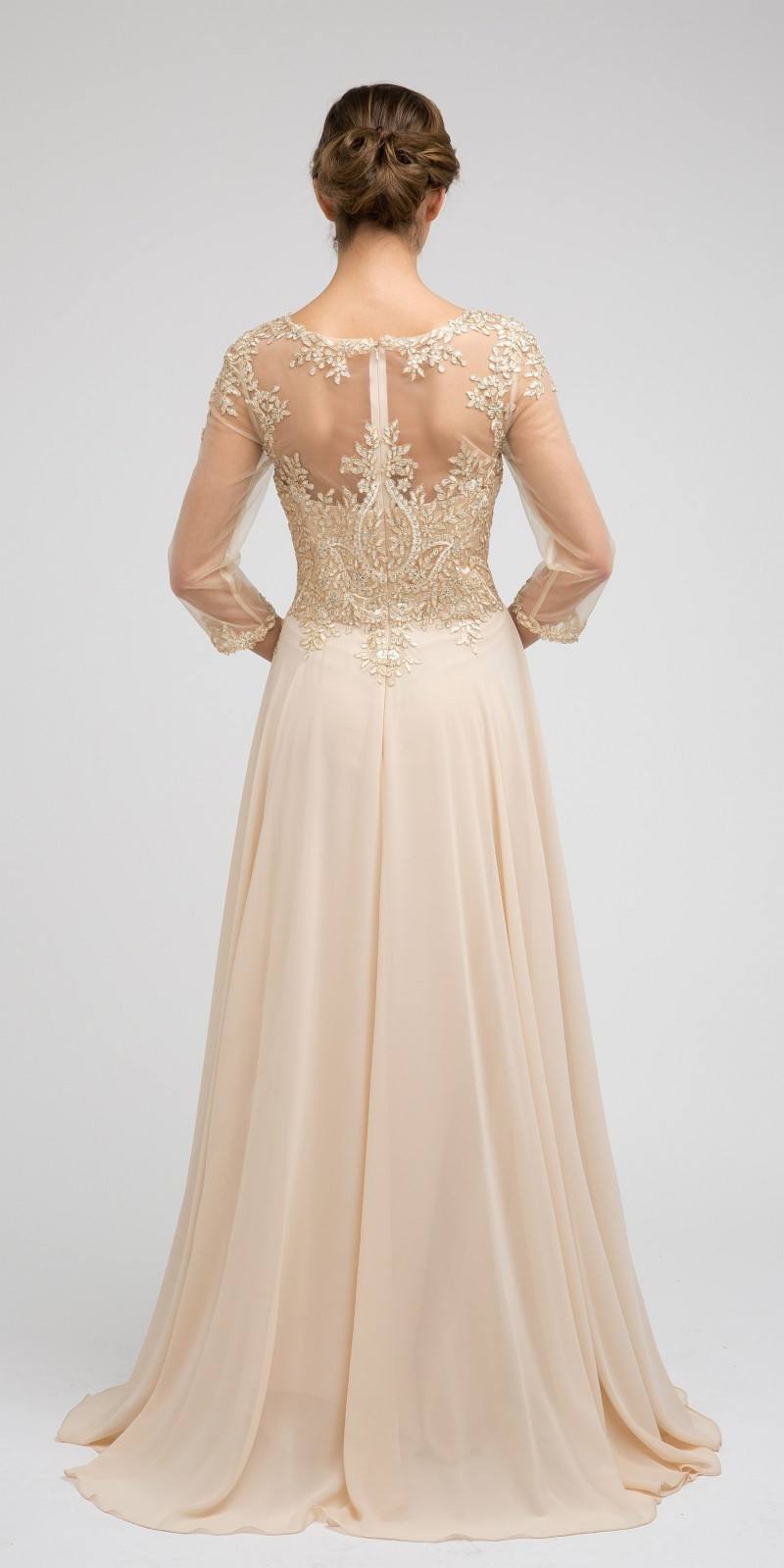 Champagne embroidered long A-line chiffon dress with open back and quarter sleeves