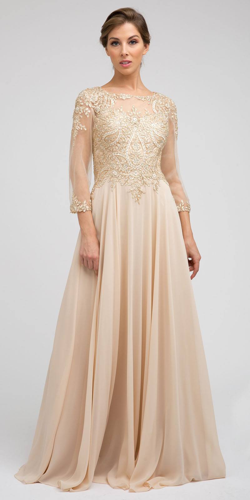 Champagne embroidered long A-line chiffon dress with quarter sleeves and flowing skirt