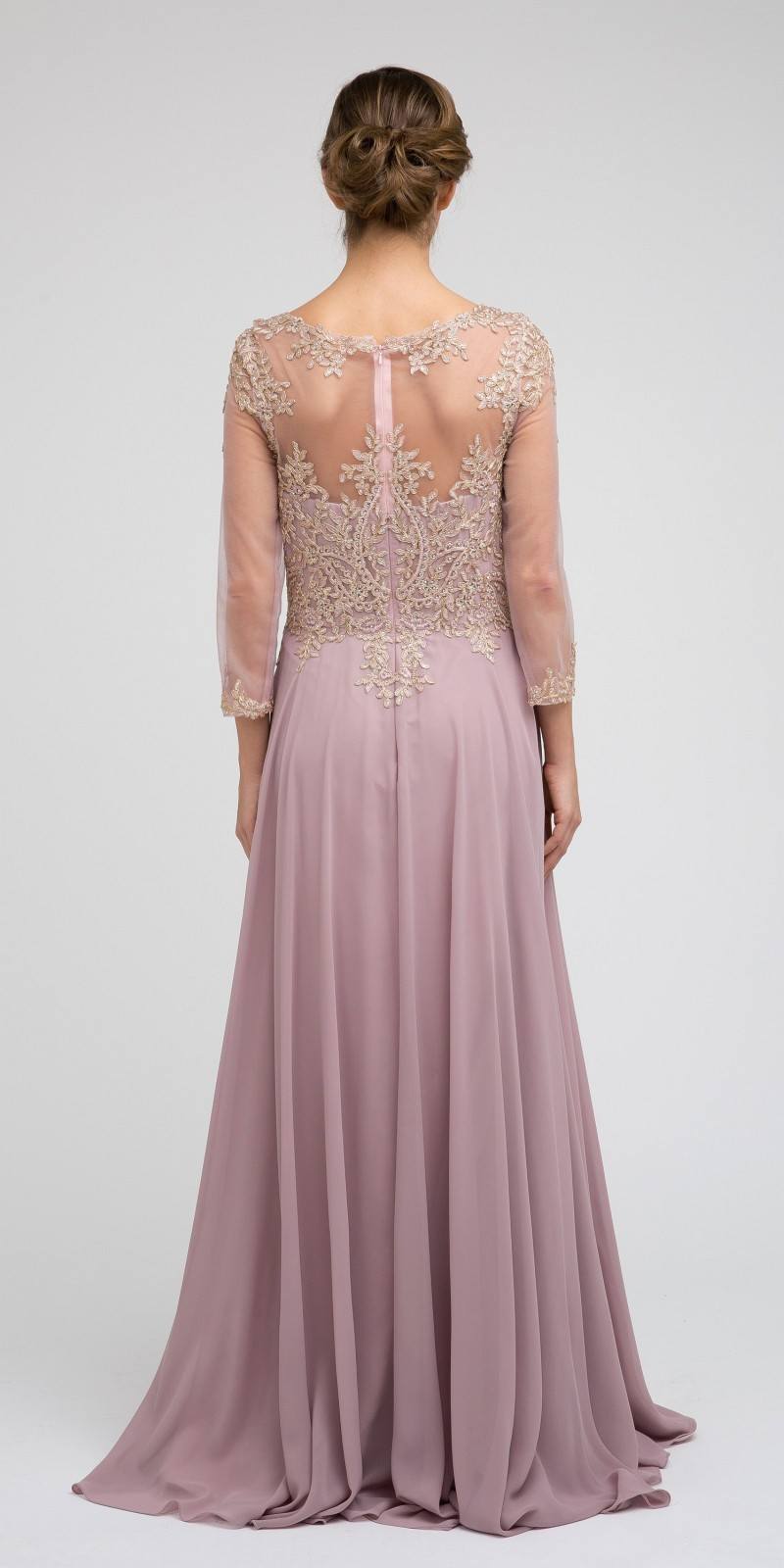 Mauve embroidered long A-line chiffon dress with open back and quarter sleeves