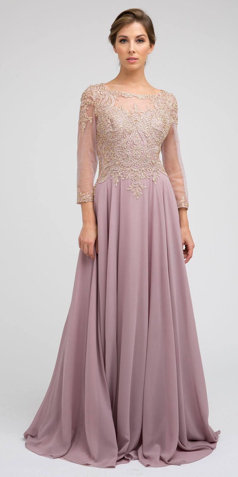 Mauve embroidered long A-line chiffon dress with quarter sleeves and draped skirt