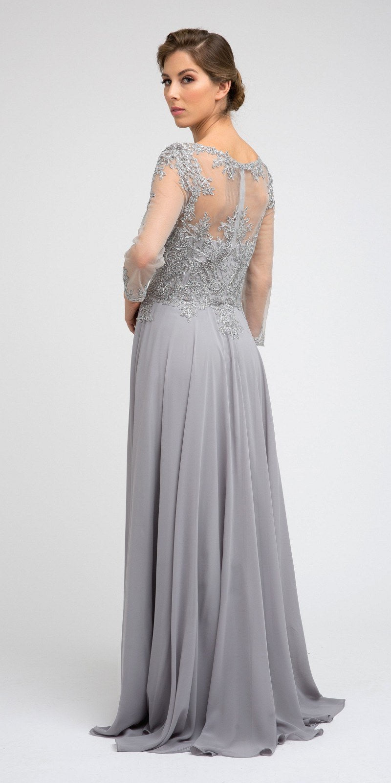 Long A-line embroidered chiffon dress with quarter sleeves, light grey, embroidered back