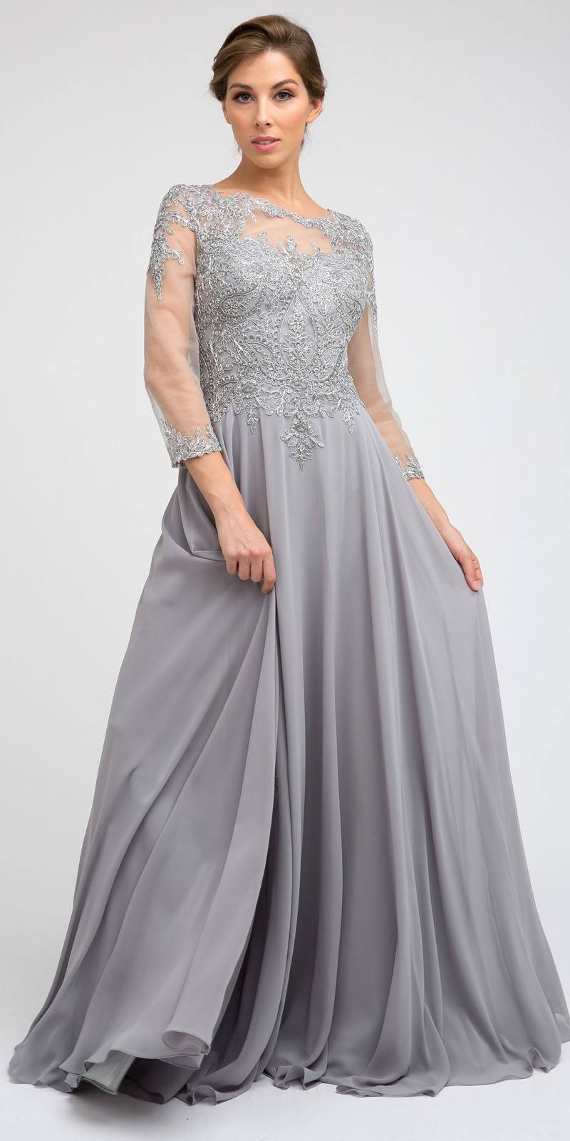 Long A-line embroidered chiffon dress with quarter sleeves, light grey skirt, front view