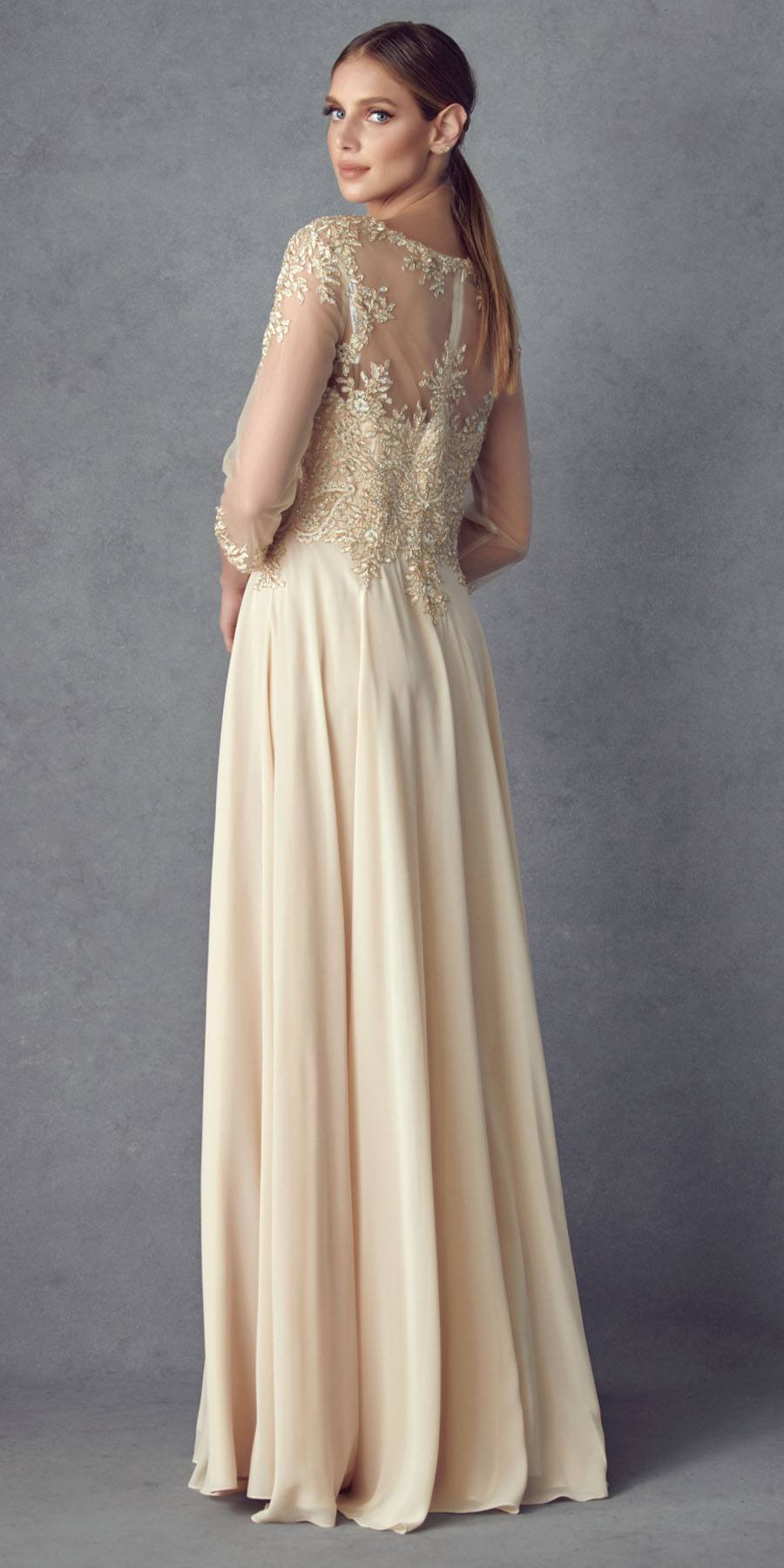 Champagne embroidered chiffon A-line long dress with quarter sleeves, sheer sleeve coverage