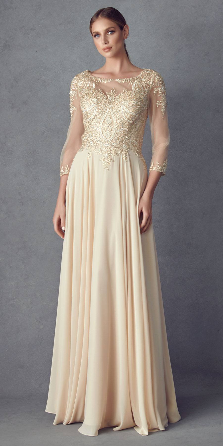 Champagne embroidered long A-line chiffon dress with quarter sleeves and scoop neckline