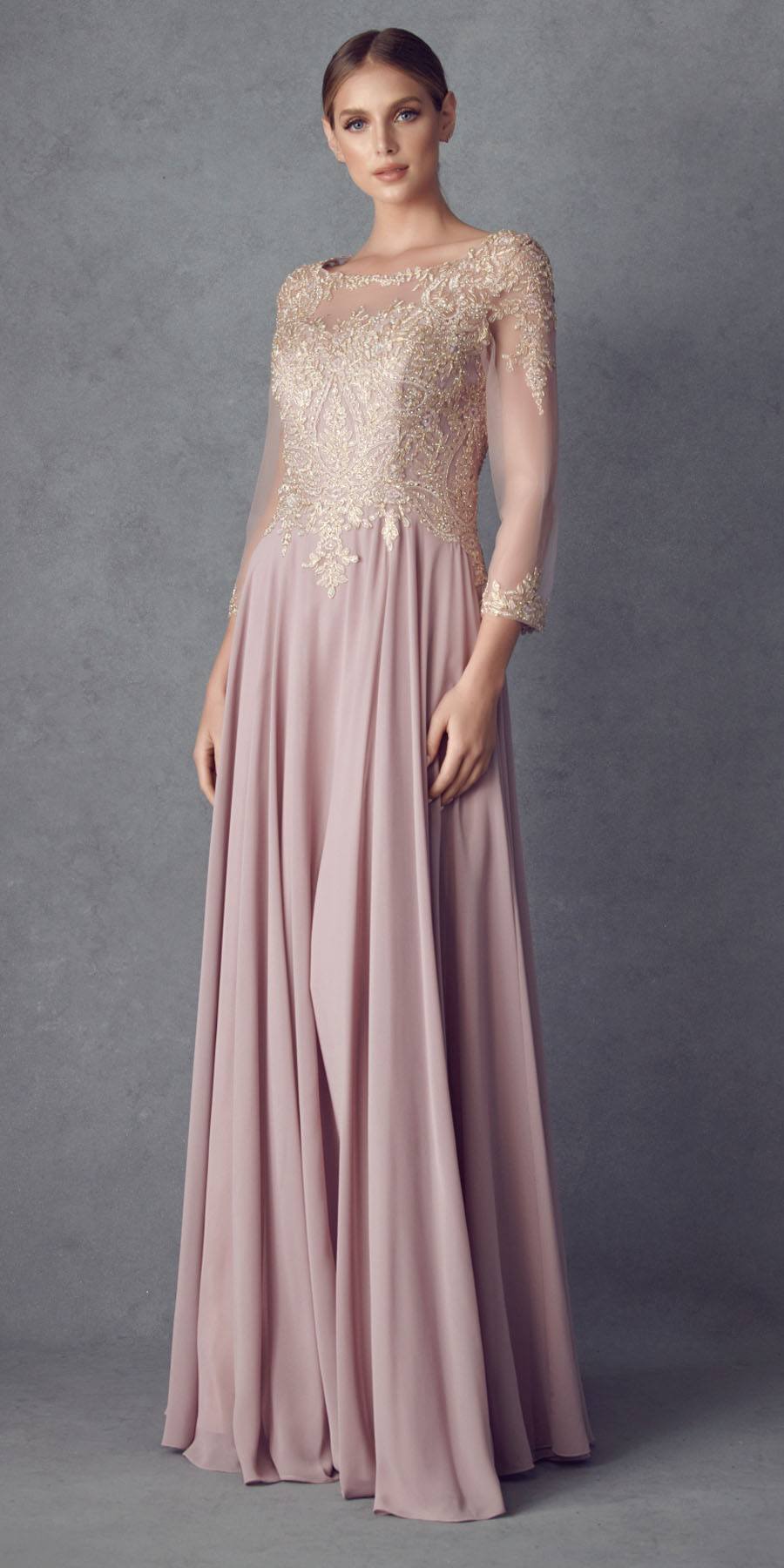 Mauve embroidered long A-line chiffon dress with quarter sleeves and sheer sleeves