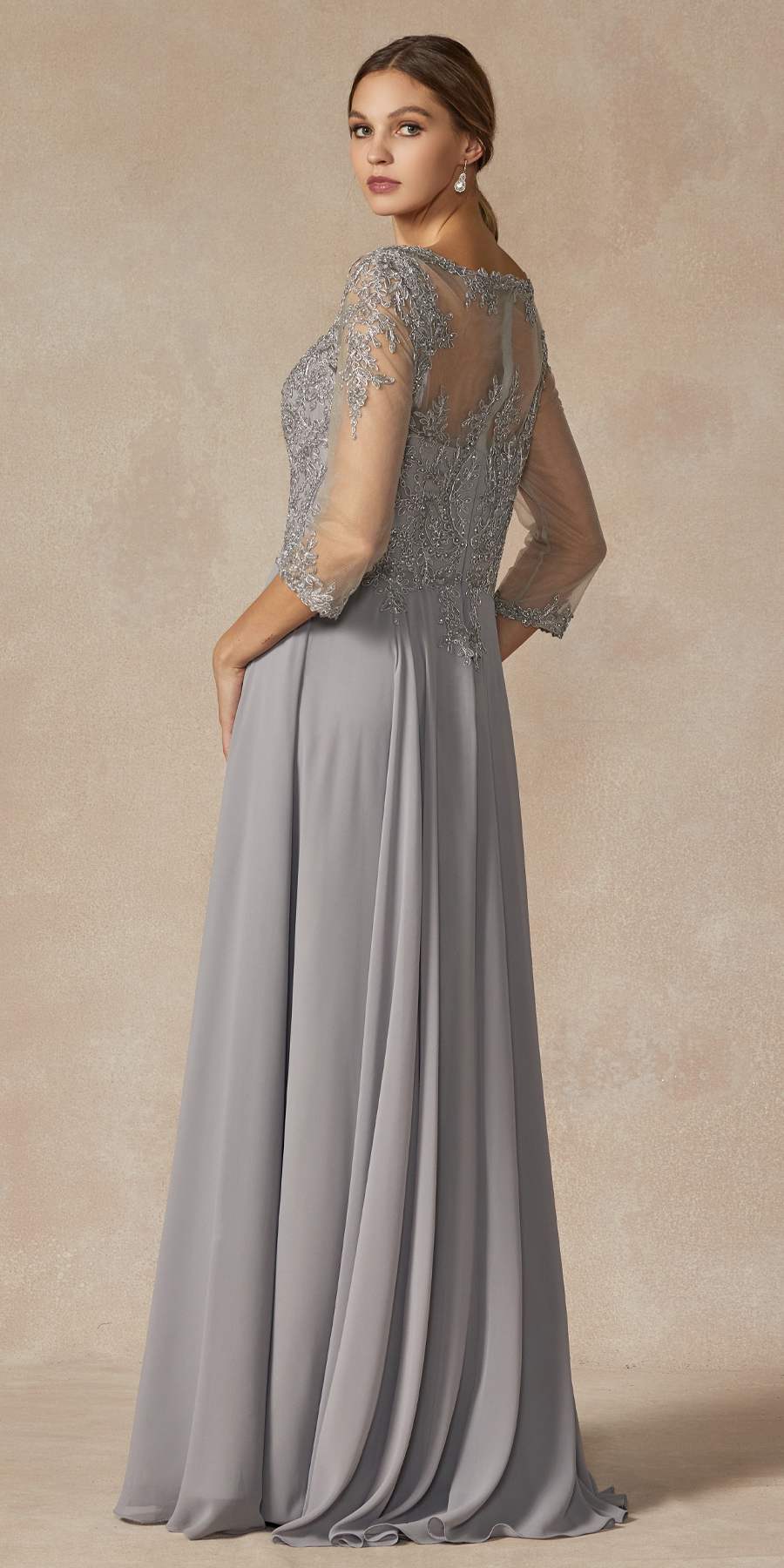 Long A-line embroidered chiffon dress with quarter sleeves, light grey, scalloped lace