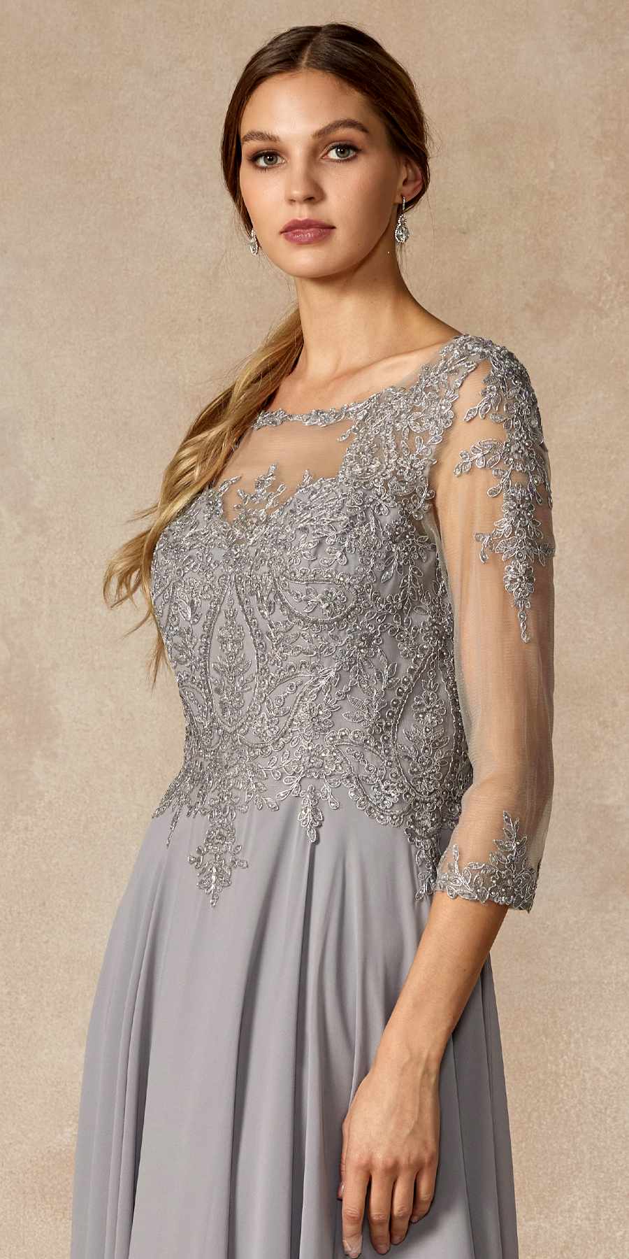 Long A-line embroidered chiffon dress with quarter sleeves, light grey, illusion neckline