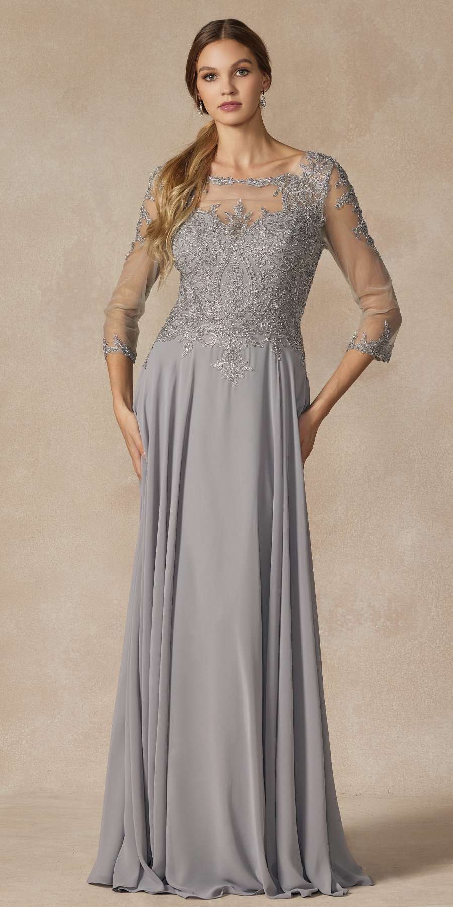 Gray embroidered long A-line chiffon dress with quarter sleeves and gathered bodice
