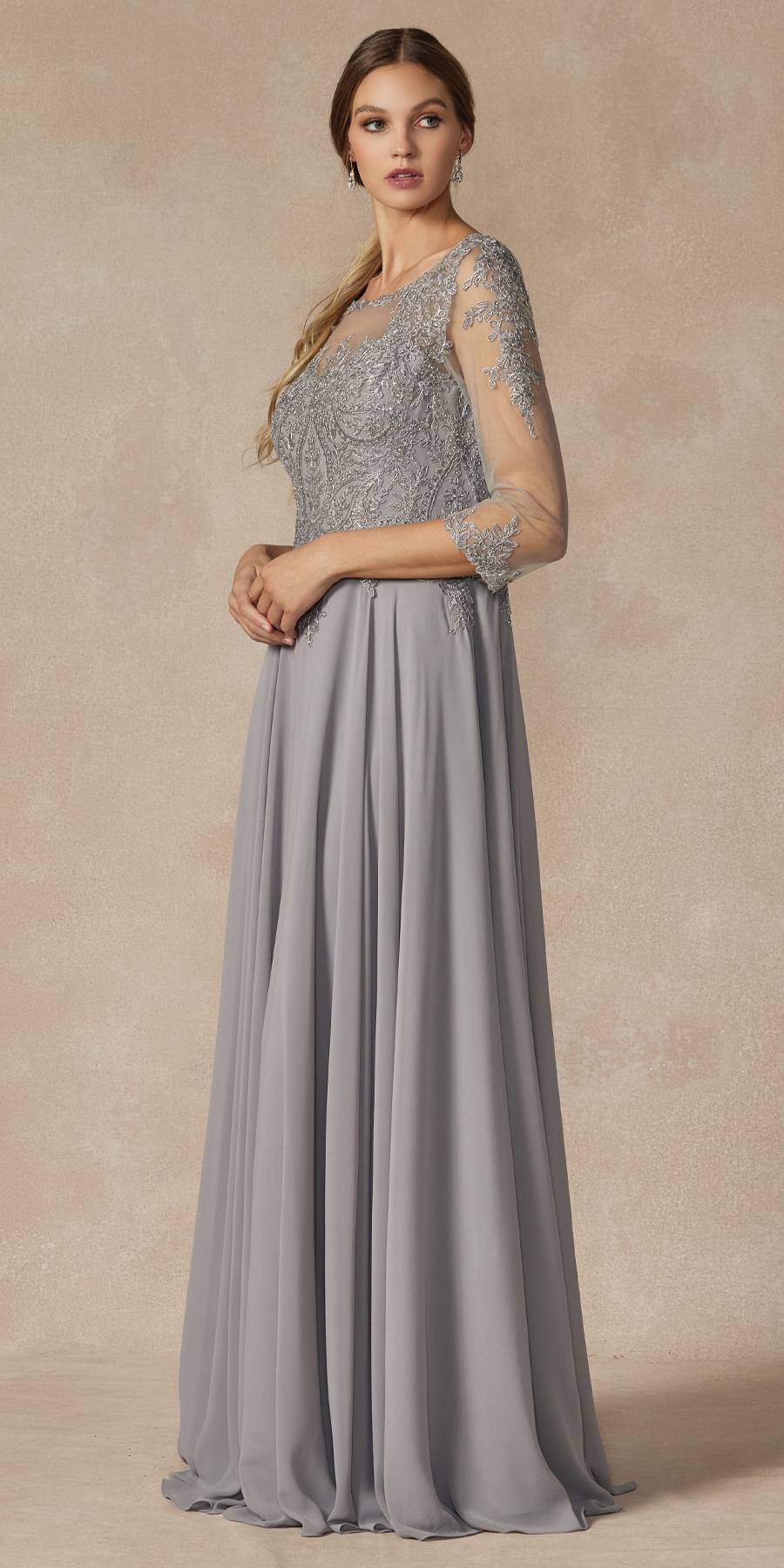 Gray embroidered long A-line chiffon dress with quarter sleeves and flowing skirt