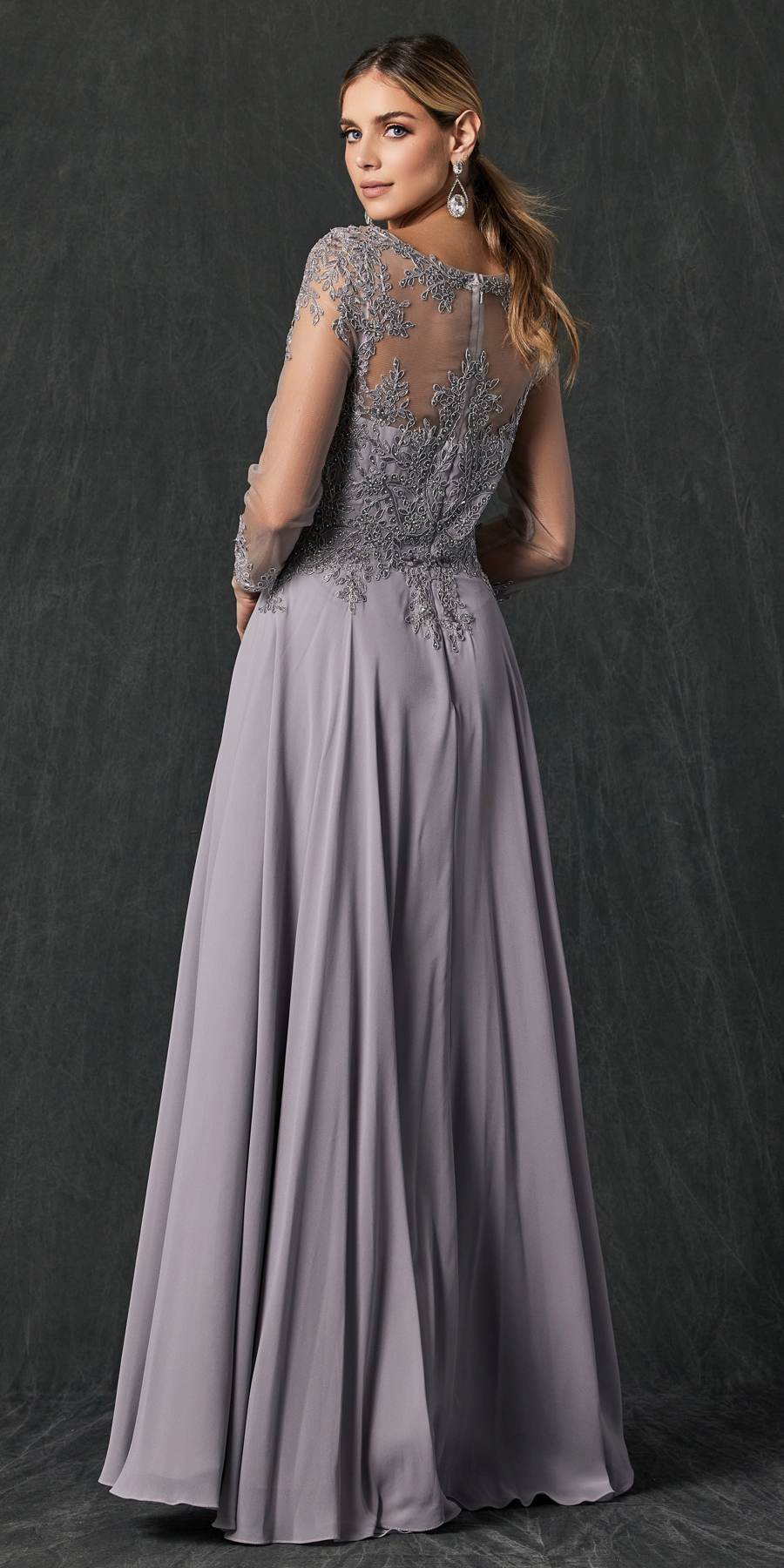Long A-line embroidered chiffon dress with quarter sleeves, light grey, three-quarter side