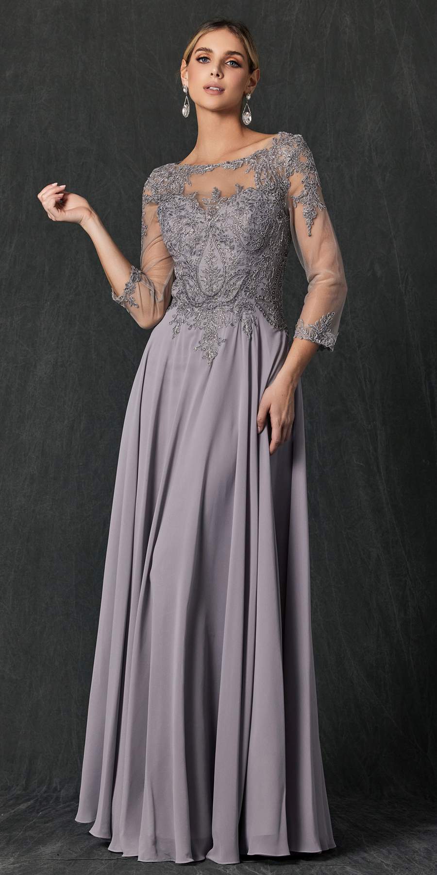 Long A-line embroidered chiffon dress, quarter sleeves, light grey, full front view