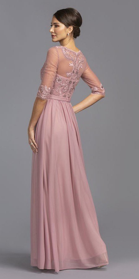 Mauve sheer long dress with lace-like embroidery V-neck and flowing skirt