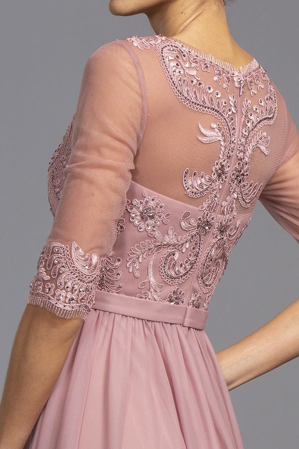 Mauve sheer dress with embroidered fitted bodice and mid-length sleeves