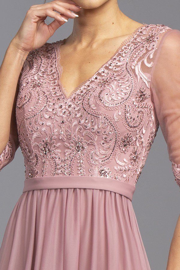 Mauve sheer dress bodice with detailed embroidery and V-neck neckline