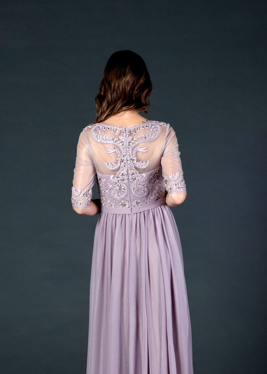 Mauve sheer long dress with embroidered back yoke and mid-length sleeves