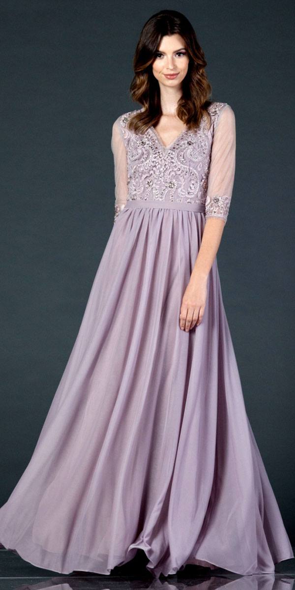 Mauve sheer long dress with embroidered V-neck bodice and mid-length sleeves