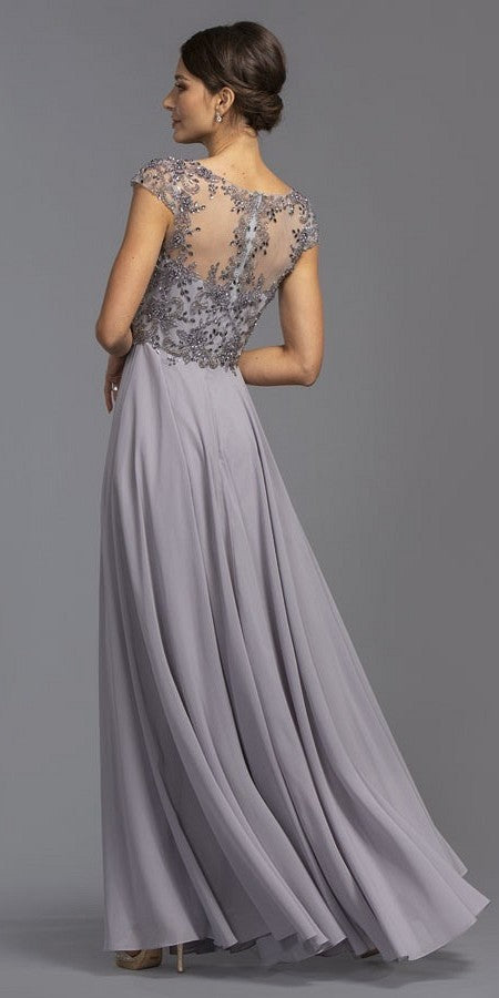 Illusion bodice beaded A-line dress with dark silver back detail and lavender flowing skirt