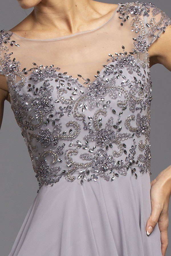 Illusion bodice beaded dress close-up with dark silver jeweled neckline and bodice