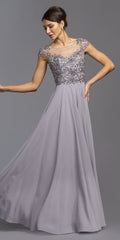 Illusion bodice beaded A-line dress with dark silver embellishments and lavender skirt