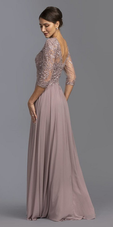 Mauve long formal dress with embellished long sleeves and flowing pleated skirt