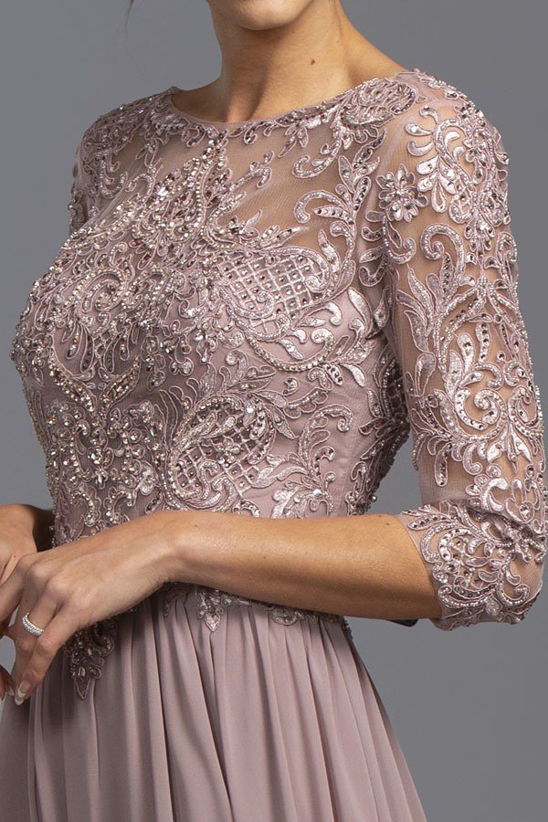 Mauve embroidered bodice with ornate beaded appliques and illusion neckline