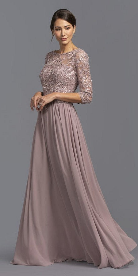 Mauve mid-length formal dress with long sleeves and embroidered appliques bodice