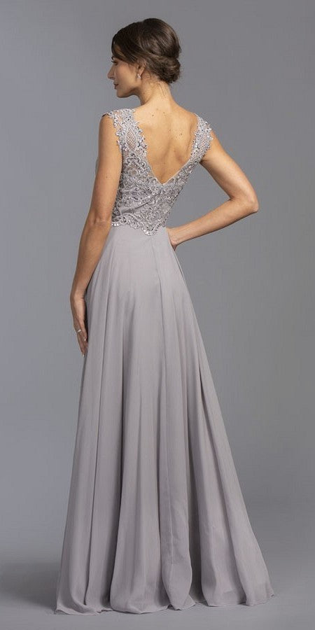 Sleeveless embellished long dress in slate gray, open V-back and full skirt