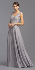 Sleeveless embellished long dress in slate gray, fitted bodice and flowing skirt