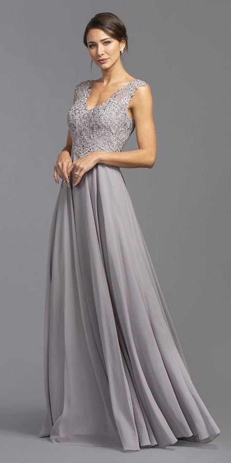 Sleeveless embellished long dress in slate gray, fitted bodice and flowing skirt