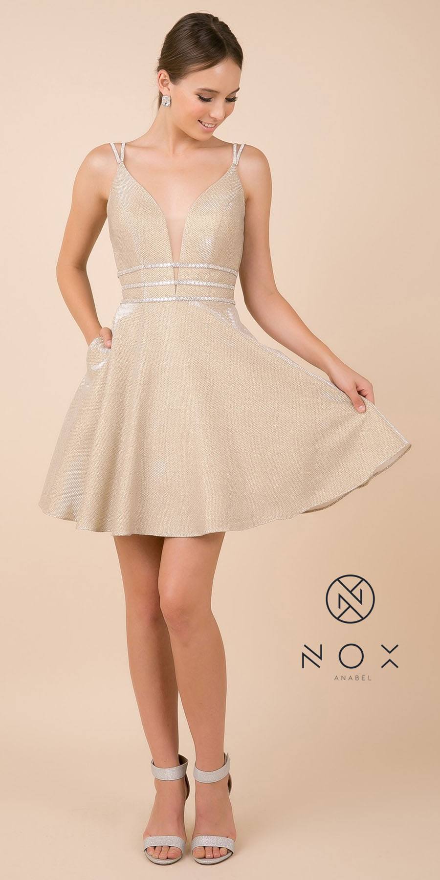 Gold A-line short shimmer dress with spaghetti straps and V-neck front
