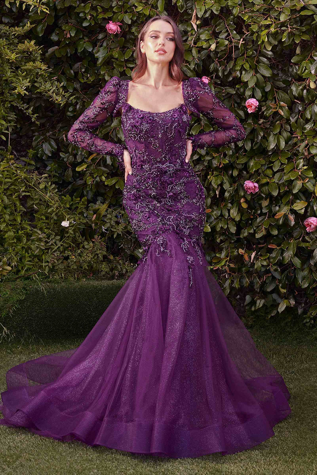 Purple mermaid gown with square neckline, beaded lace texture, and long sheer sleeves