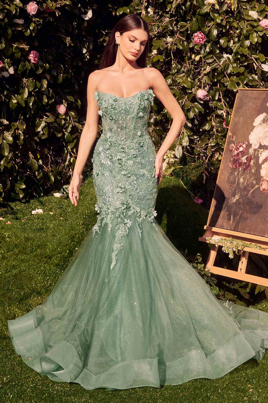 Green strapless mermaid gown with floral lace texture and full tulle skirt