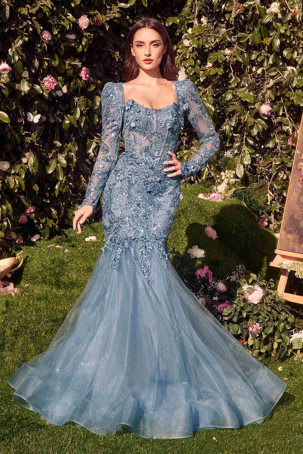 Smokey blue strapless mermaid gown with sheer long sleeves and floral lace texture