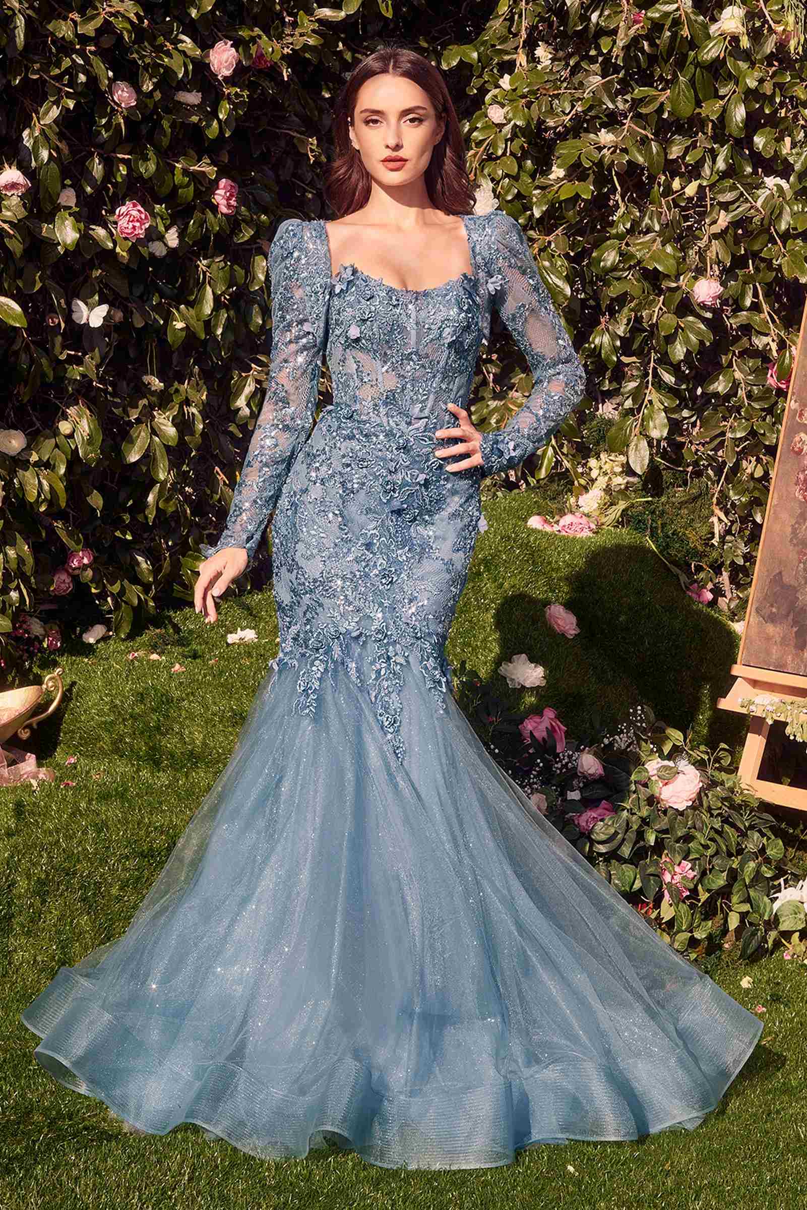Smokey blue strapless mermaid gown with sheer long sleeves and floral lace texture