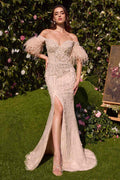 Rose champagne strapless pearl embellished gown with feather sleeves and thigh slit