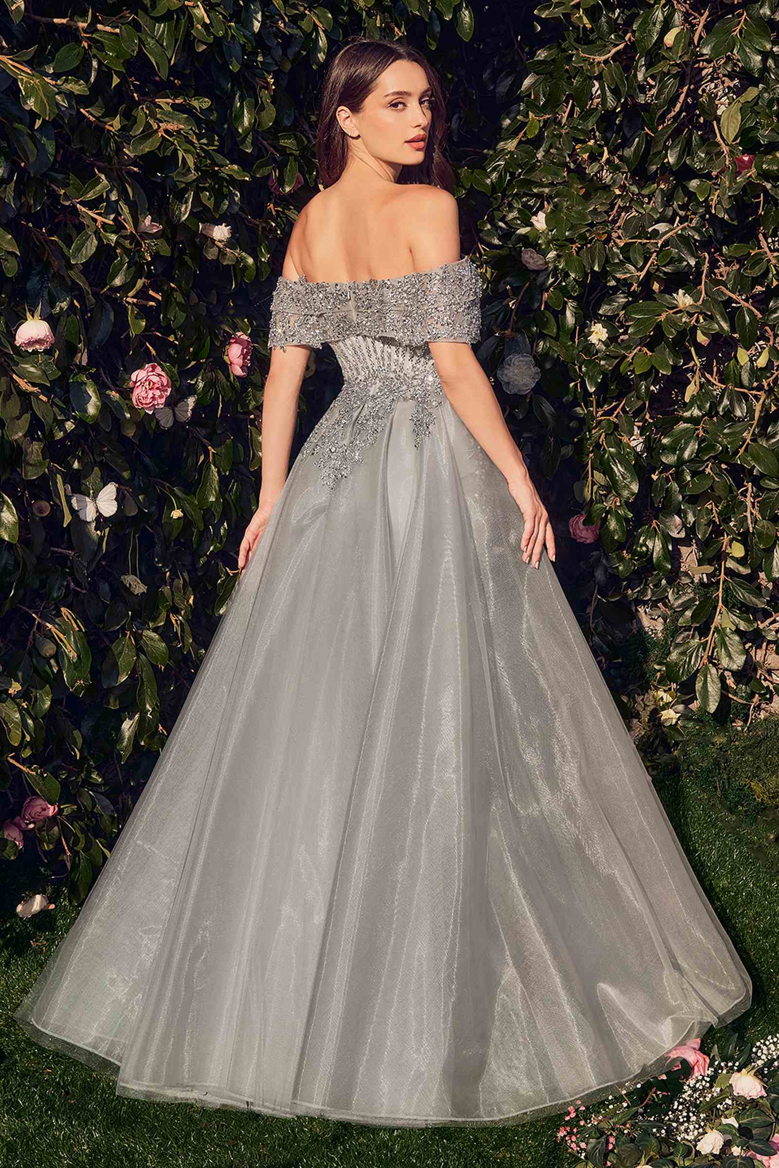 Silver off-shoulder embellished mermaid gown, off-shoulder neckline and full skirt