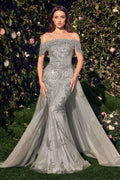 Silver off-shoulder embellished mermaid gown with sheer long flared skirt