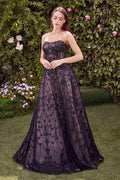 Dark plum strapless lace ball gown with fitted bodice and full skirt