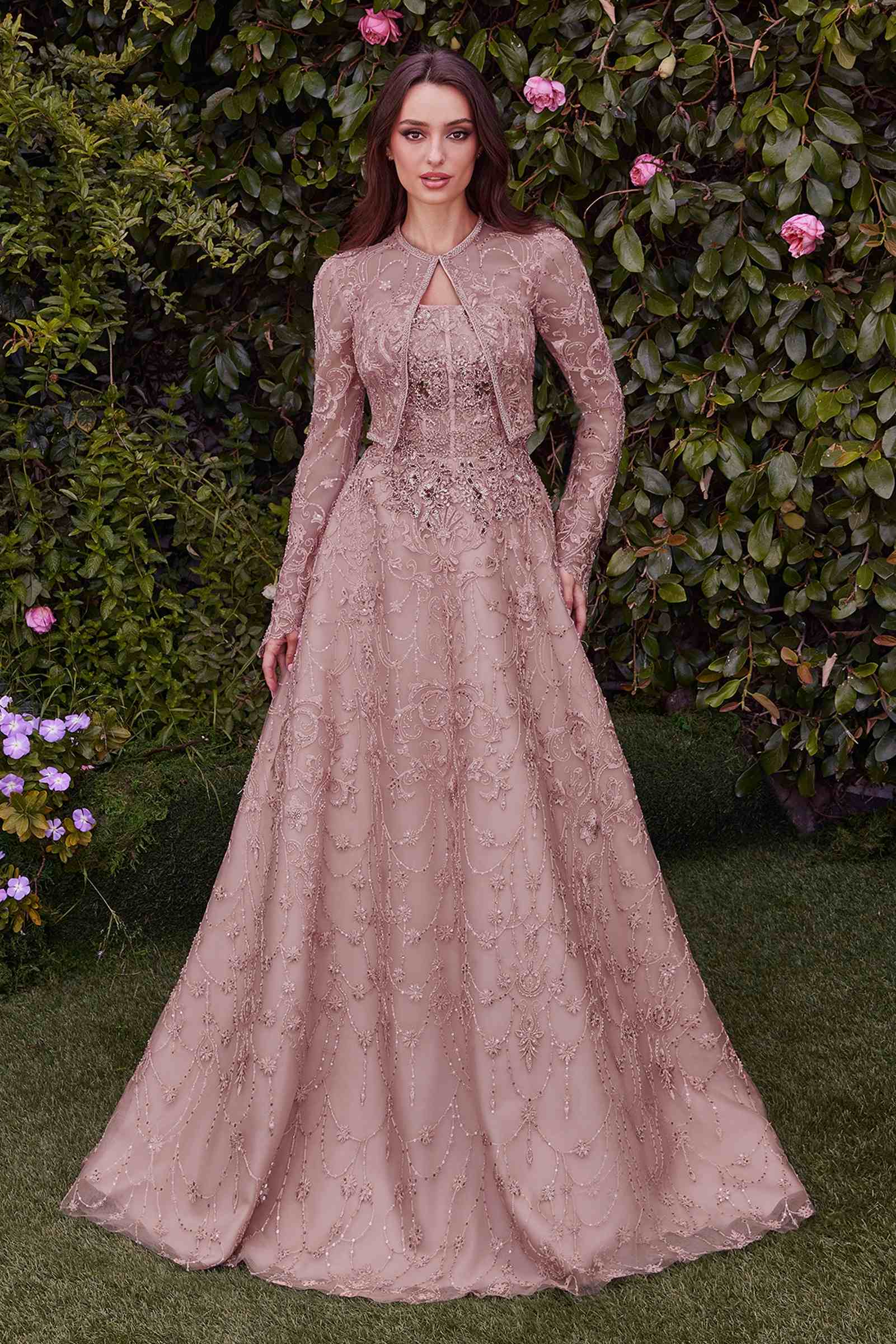 Dusty pink strapless embroidered ball gown with long-sleeve removable jacket