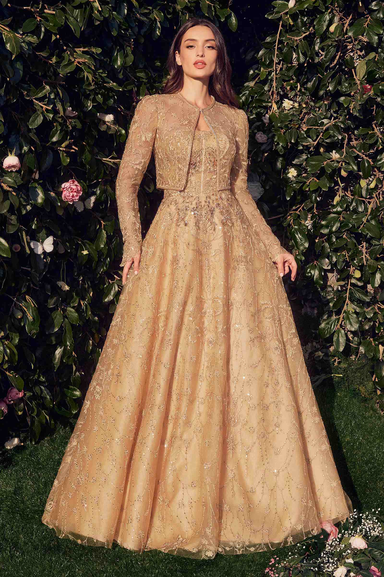 Gold strapless embroidered ball gown with long sleeves and full skirt