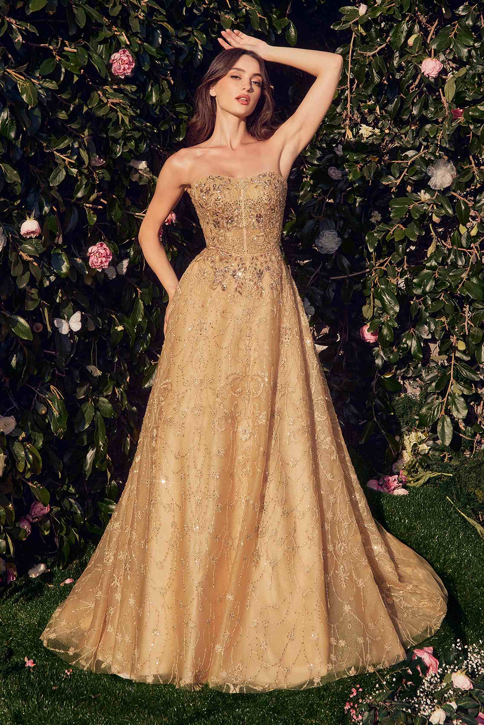 Gold strapless embroidered ball gown with lace bodice and full skirt