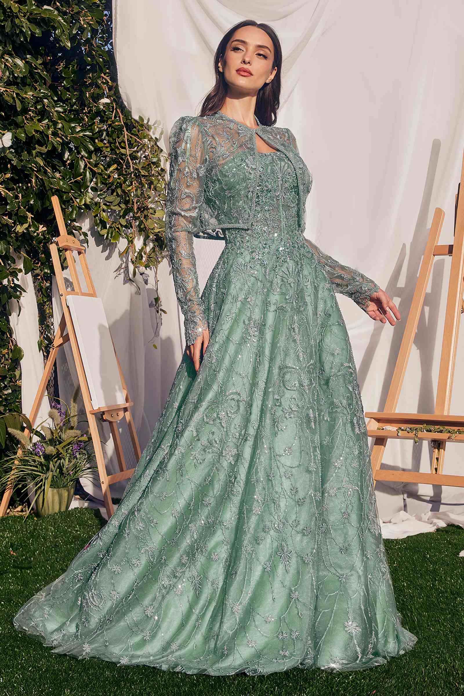Teal lace ball gown with long sleeves and full skirt