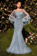 Dusty blue lace fitted dress with sheer caplet sleeves and embellished neckline