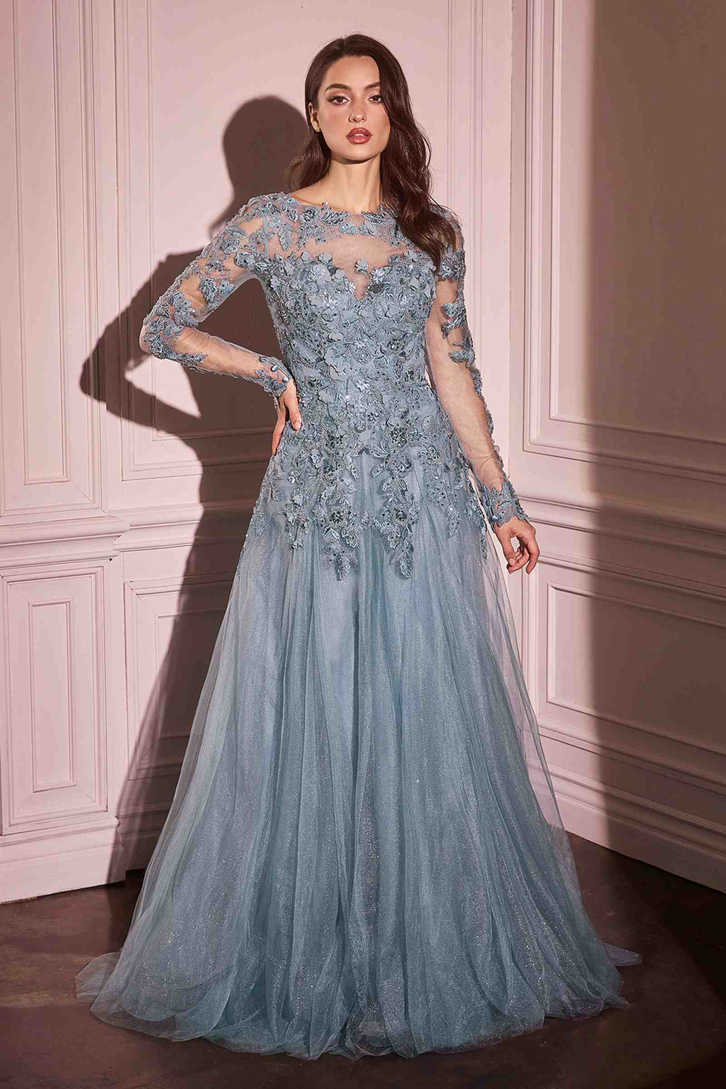 Dusty blue long-sleeve lace tulle gown with floral embroidery and full skirt