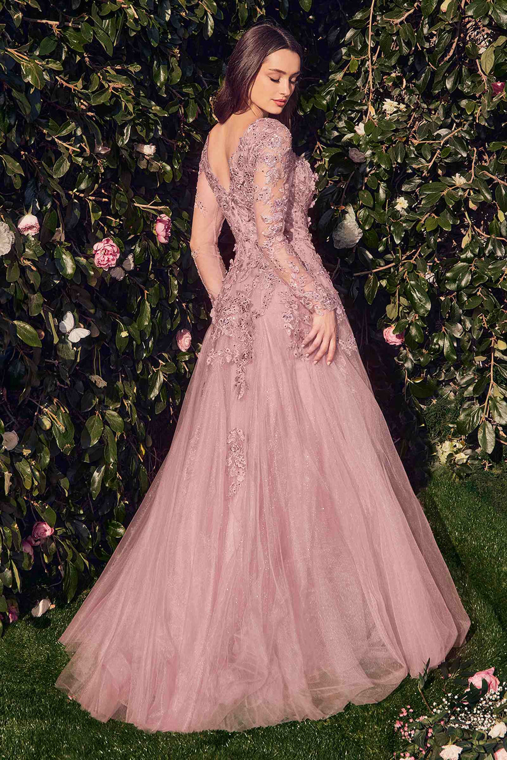 Dusty rose long-sleeve lace tulle gown with V-neck back and full layered skirt