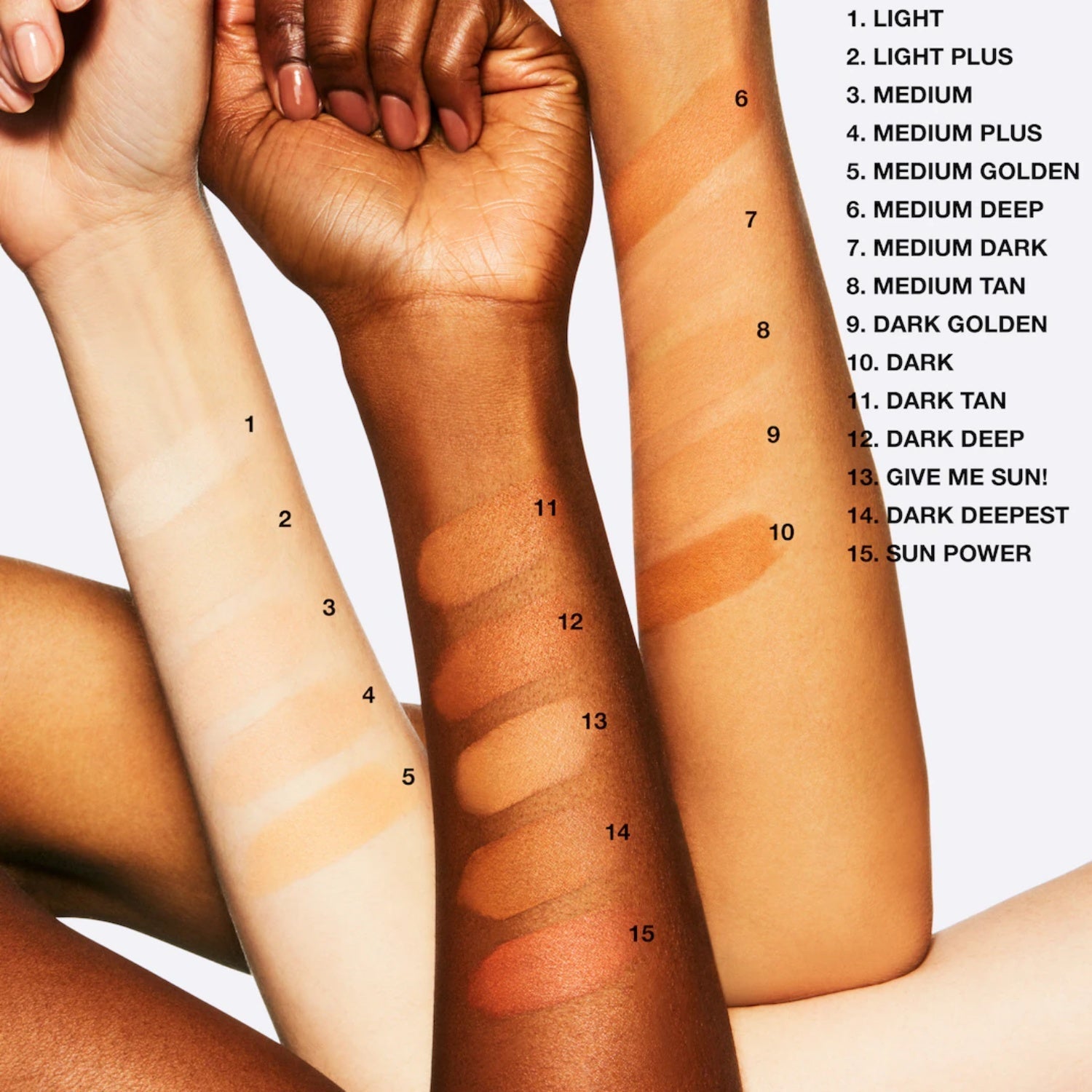 Skin swatches on arms for face powder tones, numbered shade labels visible