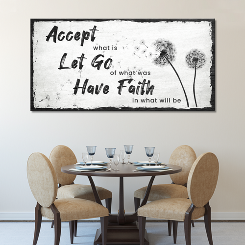 Framed canvas wall art with “Accept, Let Go, Have Faith” and dandelion graphic