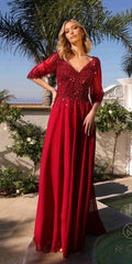Burgundy sequin bodice A-line gown with 3/4 sleeves and V-neck
